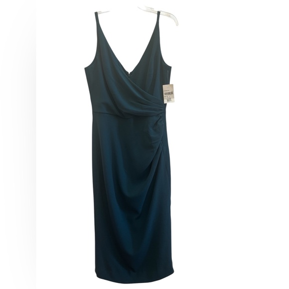Dress the Population Lyla Midi Sheath Dress Pine Ruched V-Neck NWT M Cocktail - Picture 2 of 6